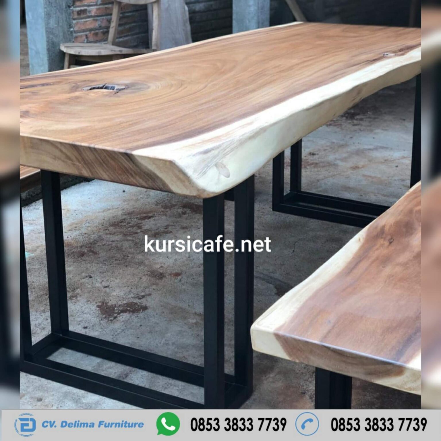 Meja Kursi Makan Trembesi Kaki Besi Dobel Asli
