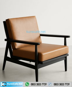 Kursi Santai Modern Kayu Hitam Jok Kulit Coklat
