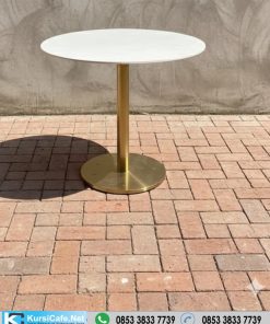 Meja Cafe Bulat Minimalis Top White dengan Kaki Stainless Gold