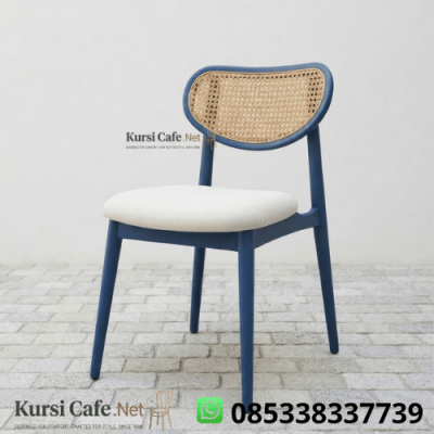 Kursi Cafe Jati Rotan Navy Jok Krem Sandaran Oval
