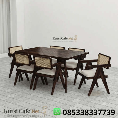 Set Meja Makan Jati 6 Kursi Rotan Jeanneret Minimalis