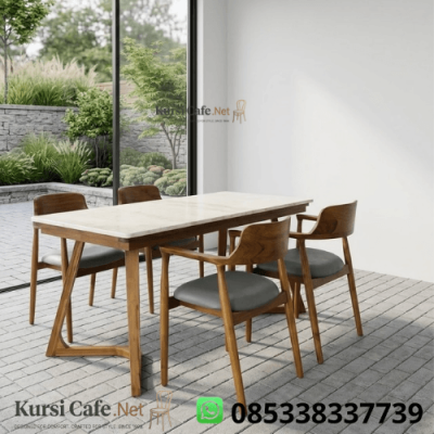 Meja Makan Marmer Jati 4 Kursi Lengan Grey Japandi