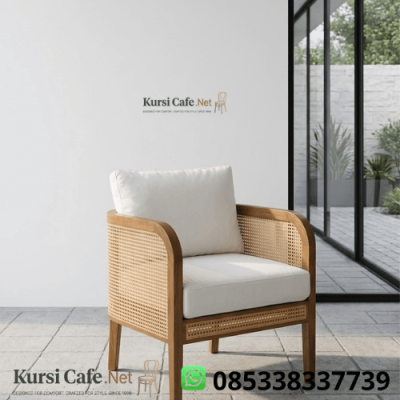 Kursi Cafe Rotan Jati Lengan Anyaman Putih Modern